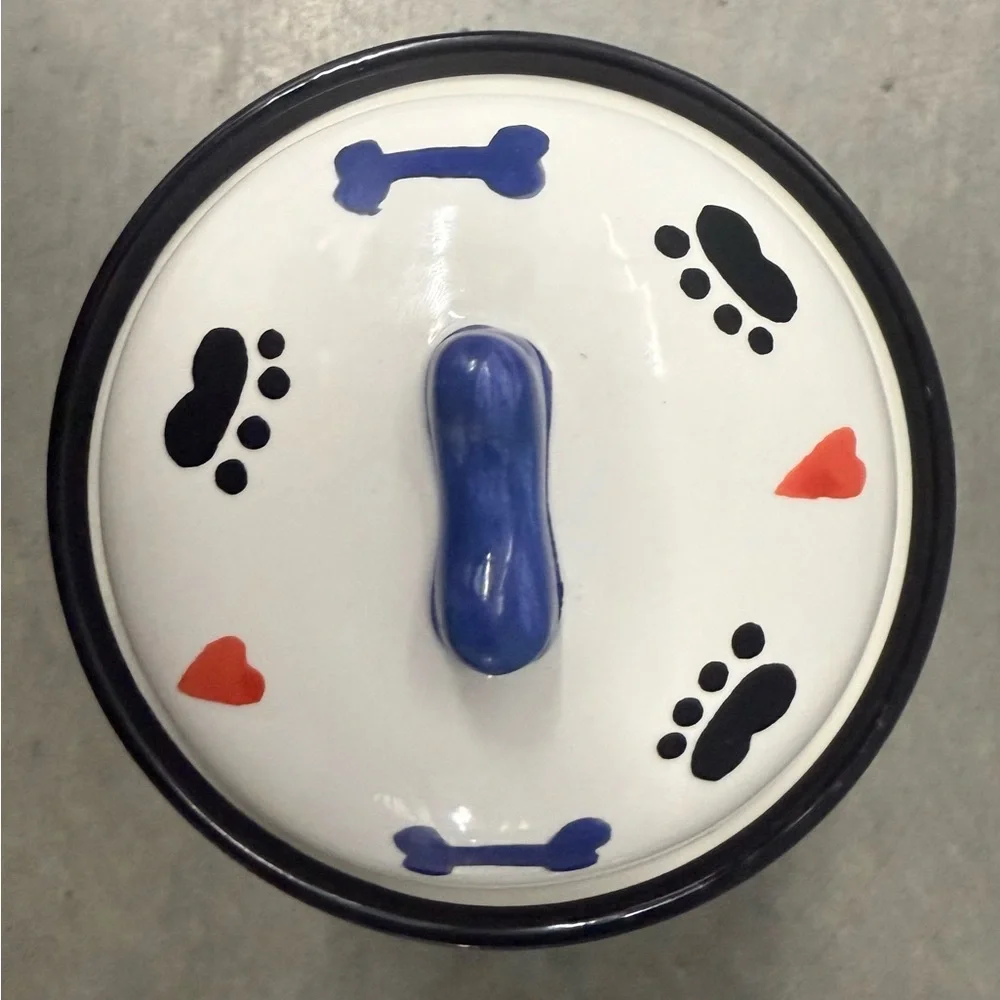 Ceramic “Grrreat Treats” Dog Treat Jar With Lid In White, Black, Blue, Red